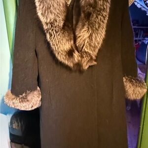 Marvin Richards Black gray wool trench Coat with Fox Fur Accents